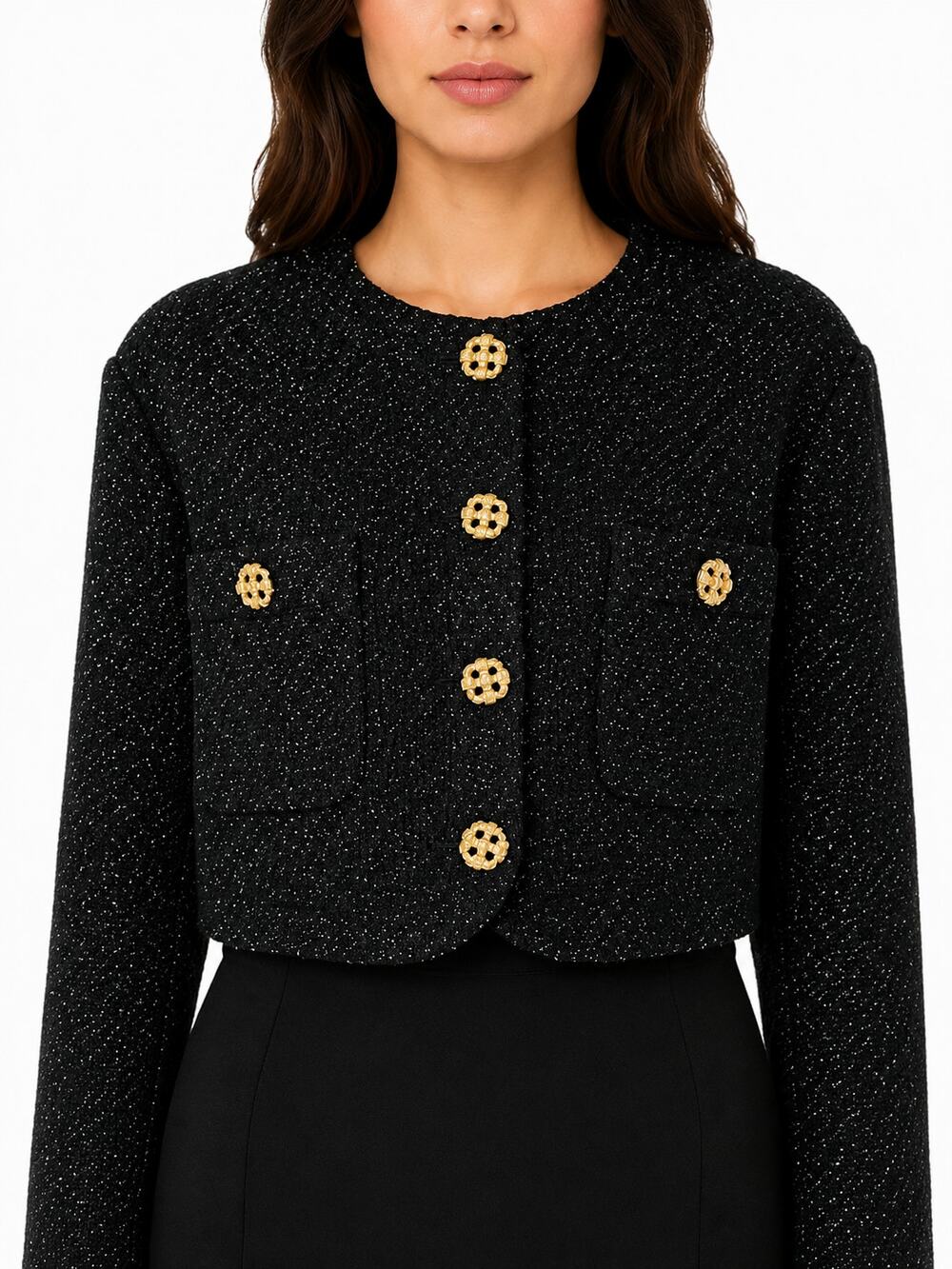 St John Jacket Black Metallic Knit Cropped Gold Button Wool Blend Size 16